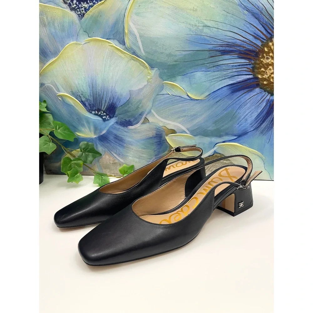 Sam Edelman Tarra Black Leather Square Toe Slingback Block Heel Pumps Womens 6.5 - Picture 4 of 12